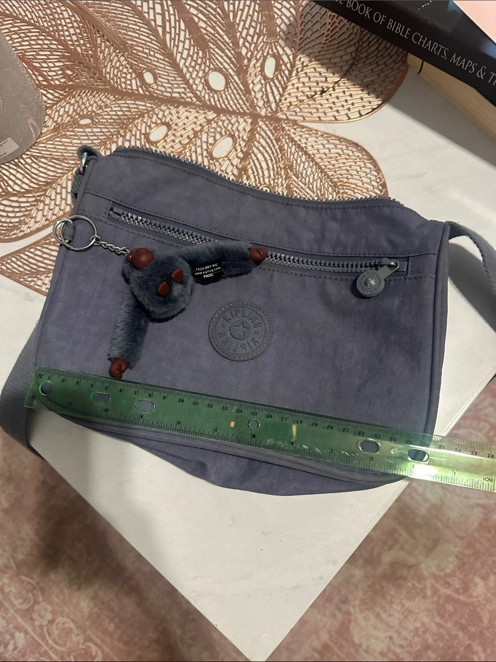Kipling Slate Gray Crossbody Messenger Bag with Monkey Keychain